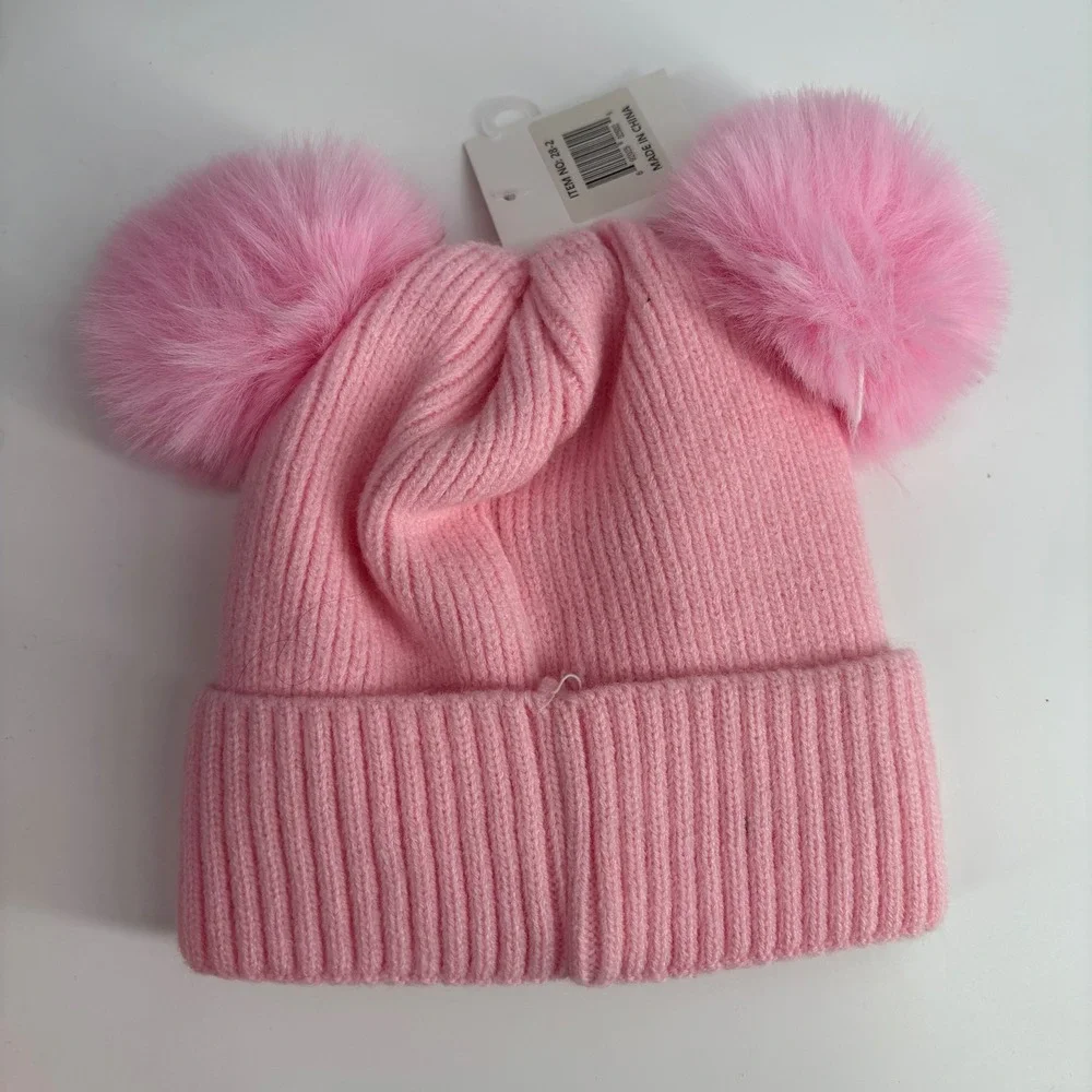 Labubu Double Pom Pom Beanie Kids One Size Pink Embroidered Ribbed Knit Hat